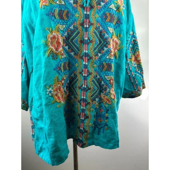 Johnny Was Linen Sentrie Peasant Blouse Floral Embroidered Blue 3/4 Sleeve XXL - Picture 4 of 16